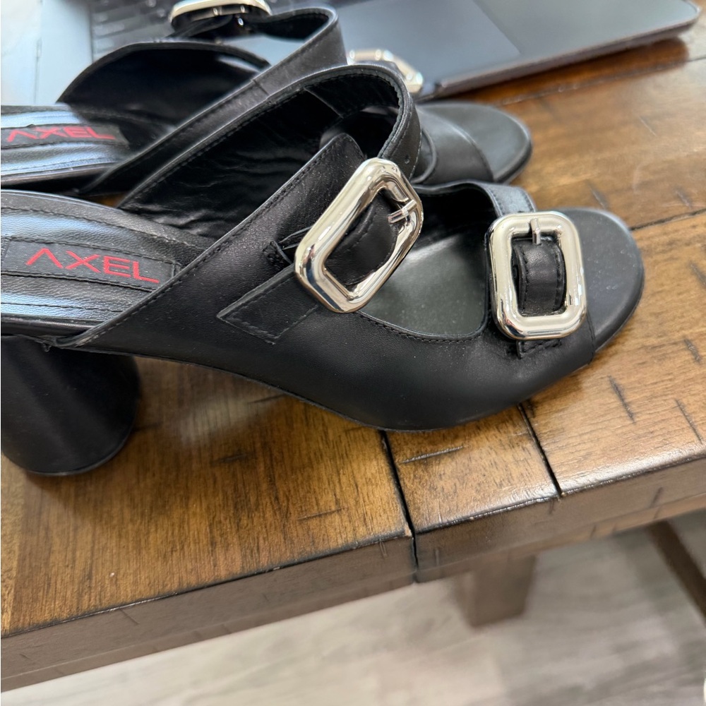 AXEL Black Leather Mid-Heel Sandals with Silver Buckles